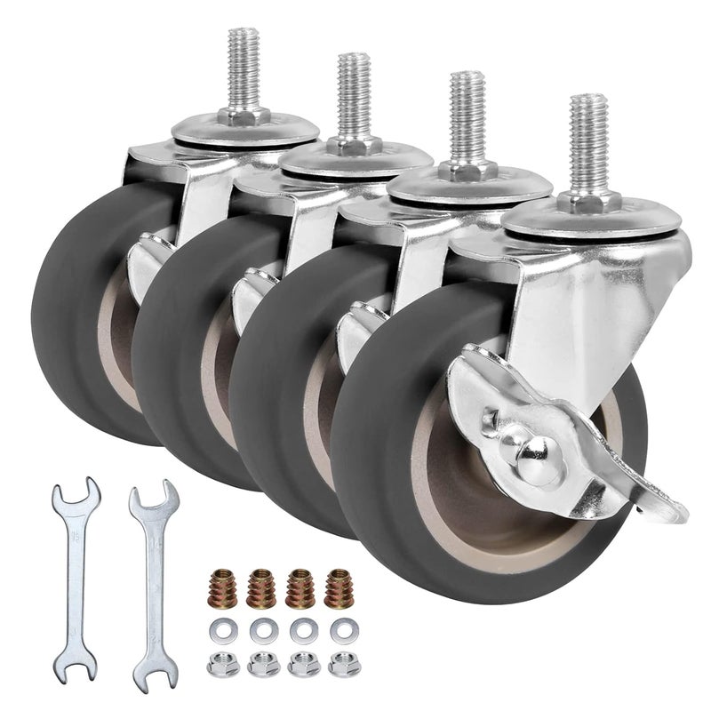 BAISASY 3 Inch Caster Wheels, Threaded Stem Casters Set of 4, Heavy Duty Wheel with Brake, Metric Size M8-1.25-25 (Screw Diameter 8mm, Screw Length 25mm) Casters for Wire Shelving, Furniture Dolly - Image 1